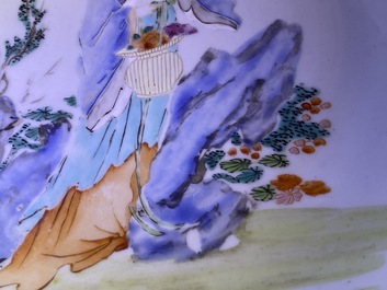 A Chinese famille rose dish with a lady in a landscape, Yongzheng